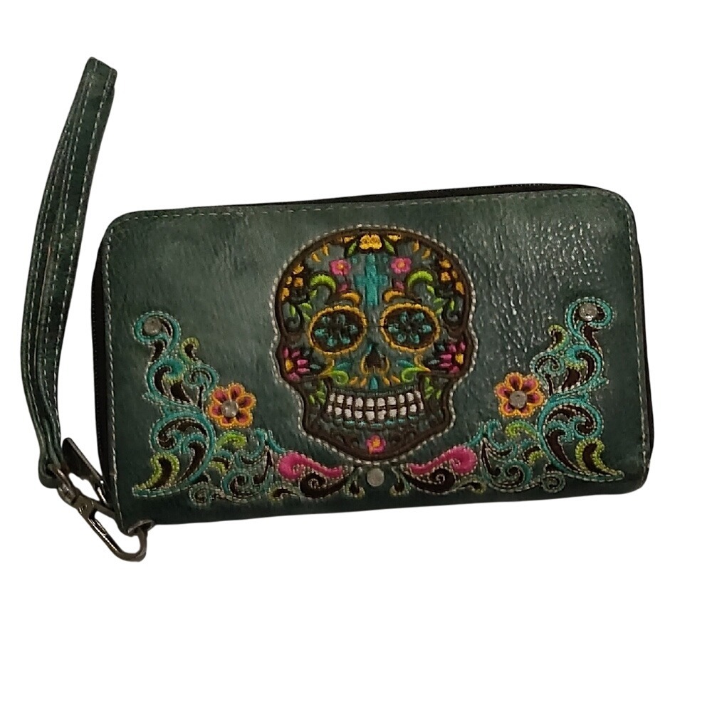 Green Sugar Skull Embroidered Clutch Wristlet